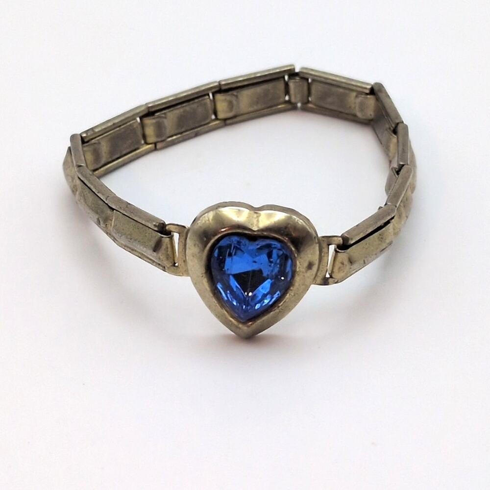 Vintage Childs Expansion Bracelet Sweetheart Jewelry Blue Heart Rhinestone 6in